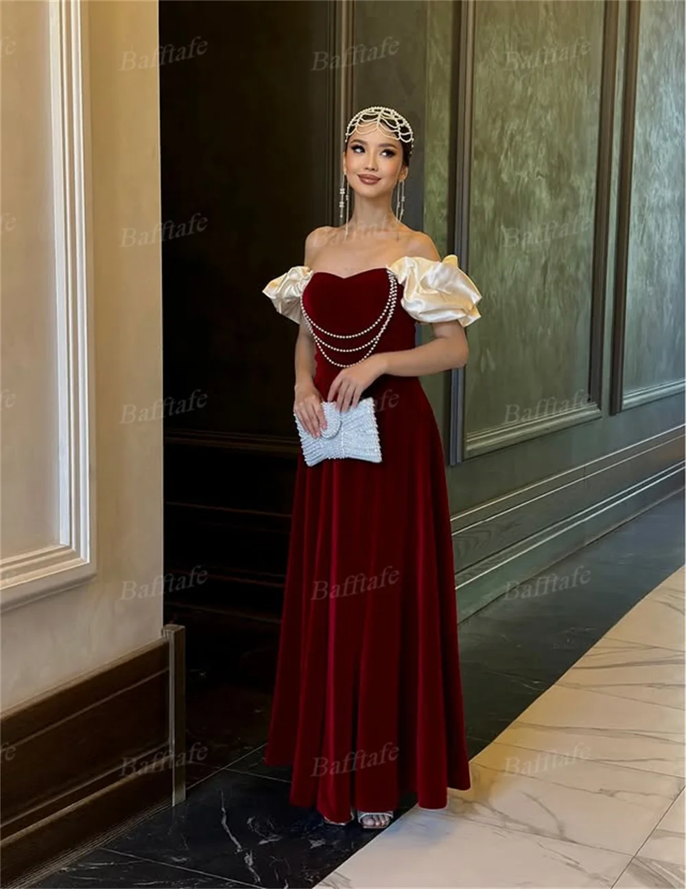 Bafftafe Burgundy Velour Long Prom Gowns Customized Champagne Short Sleeves Pearls Korea Women Formal Eveninig Party Dresses
