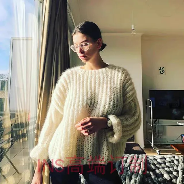 Spring new INS high-end custom mohair loose casual pullover sweater, women\'s handmade knitted sweater, lazy style cream color