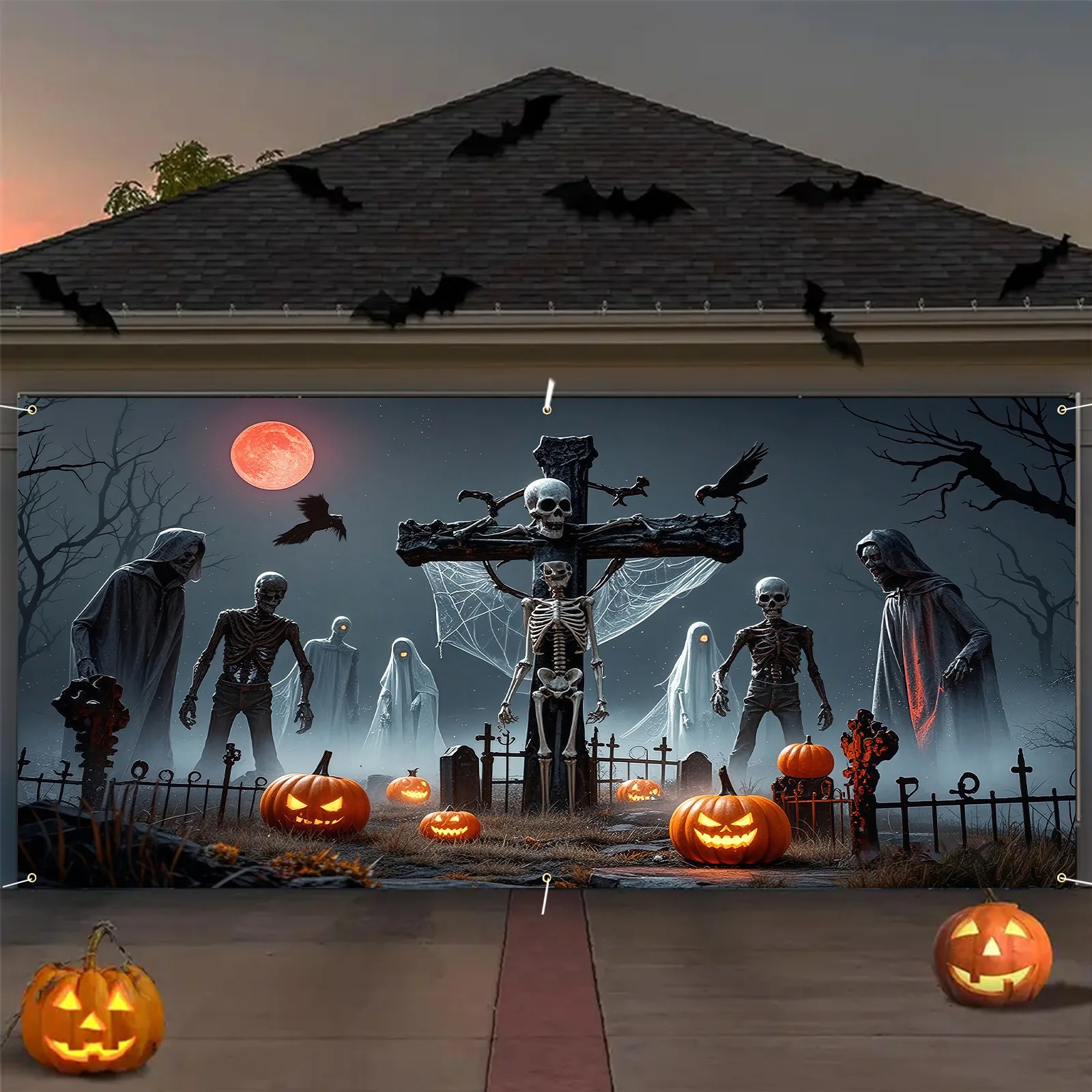 1 Stück Garagenflagge aus Polyester mit Halloween-Motiv – Horrorschädel, Kürbis, Fledermaus- und Totenkopf-Design, Halloween-Dekoration