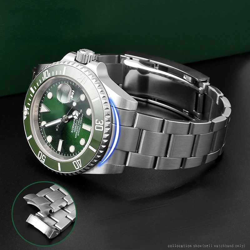 Solid Stainless Steel Watch Strap For Rolex Black Green Water Ghost Submariner Curved end Folding buckle watchband 20mm Bracelet