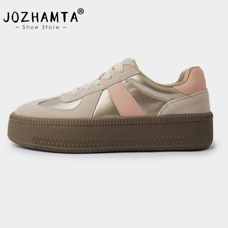 JOZHAMTA Size 35-40 Women Casual Sneakers Real Leather Thick Heels Shoes 2025 Ins Platform Lace-Up Tennis Athletic Casual Daily