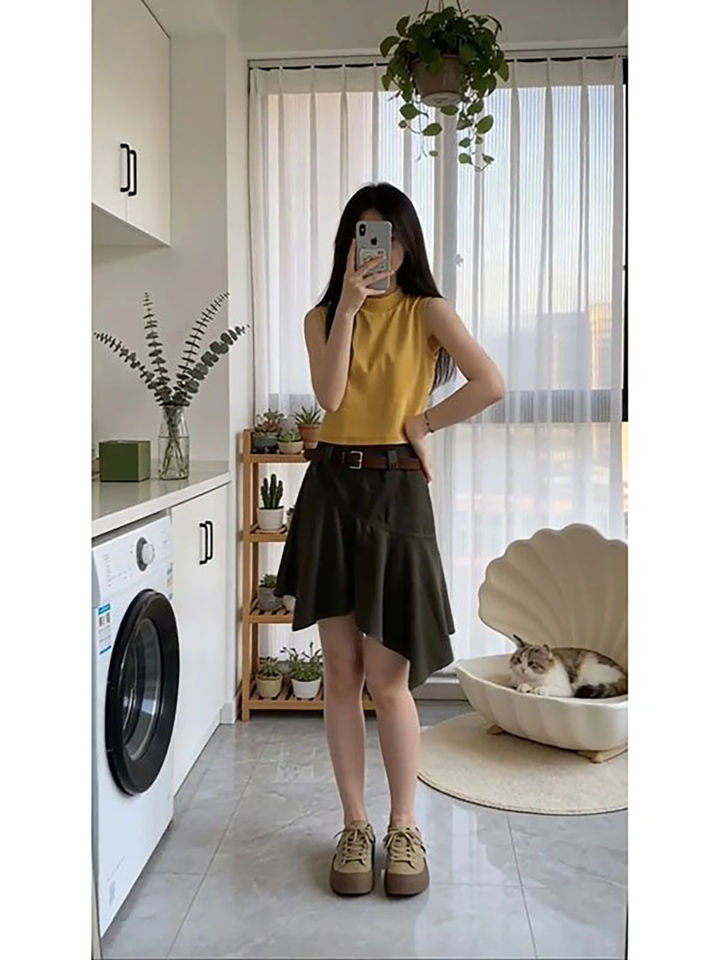 

New Arrival Yellow Vest Top High Waist Asymmetrical Skirt Two Piece Set Sweet Girl Style Fashionable Summer Outfit for Women