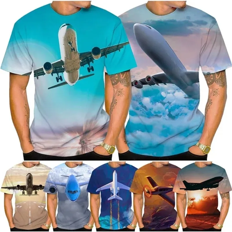 Fashion Blue Sky And Airplane T Shirt For Men 3D Printed Cool Casual Short-Sleeved Tee Tops Men's Oversized Streetwear Tshirt