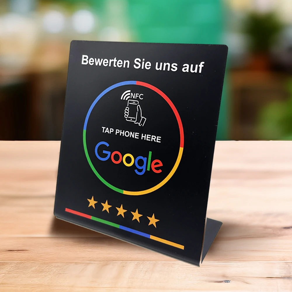 NFC215 Tap Stand الألمانية الفرنسية الإسبانية الإنجليزية 8 نسخة Google Review NFC Stand NFC عرض الطاولة للمطعم