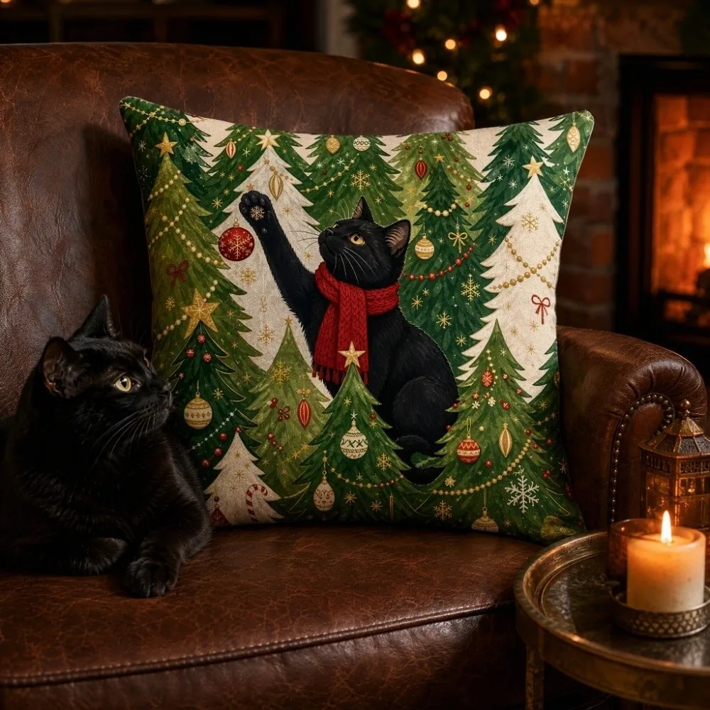 Soft Christmas Pillow Cover Cartoon Cat Plaid Bowknot Throw Cushion Case Christmas Tree Square Xmas Tree Pillowslip