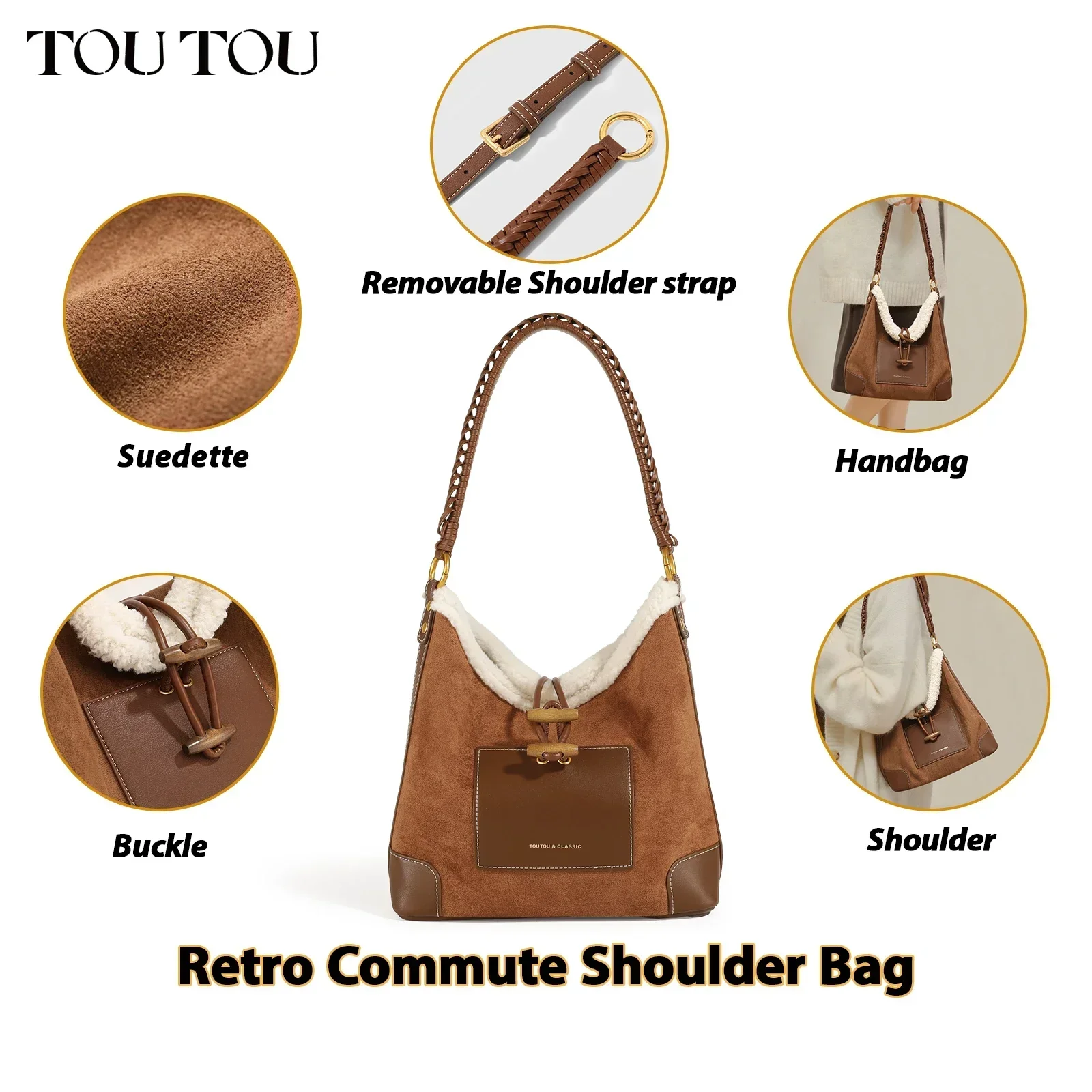 TOUTOU Women Tote Bag for Autumn/Winter High Grade Underarm Bag Spliced with Retro Versatile Handbag Imitation Deer Skin Velvet