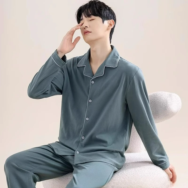 High Quality Men's 100% Cotton Pajamas Sets Male's Pure Cotton Long Sleeved Loungewear Spring Autumn Casual Soft Nightwear