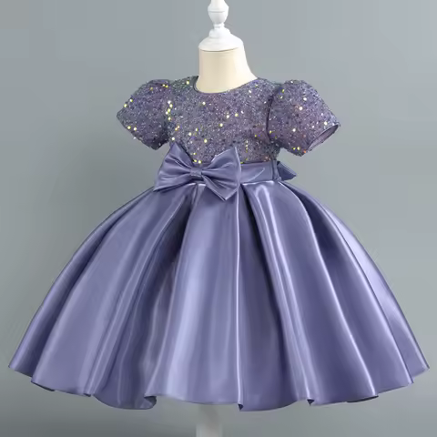 New girls' sequined evening dress, short-sleeved children's satin high-end puffy dress, girls' birthday performance costume