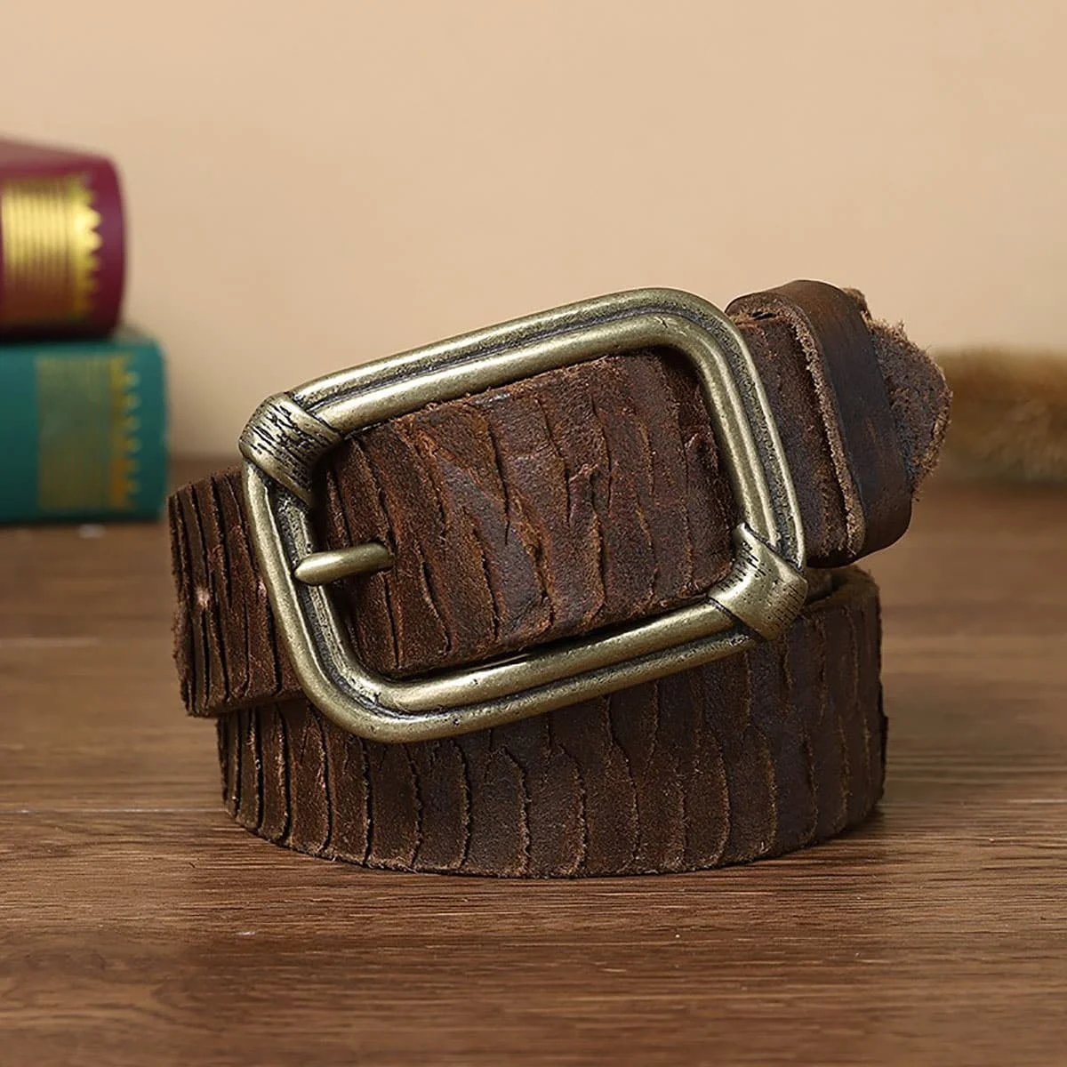 Retro Thick Italian Top Layer Cowhide Genuine Leather Belt with Copper Buckle for Fashionable and Trendy Western Style Jeans