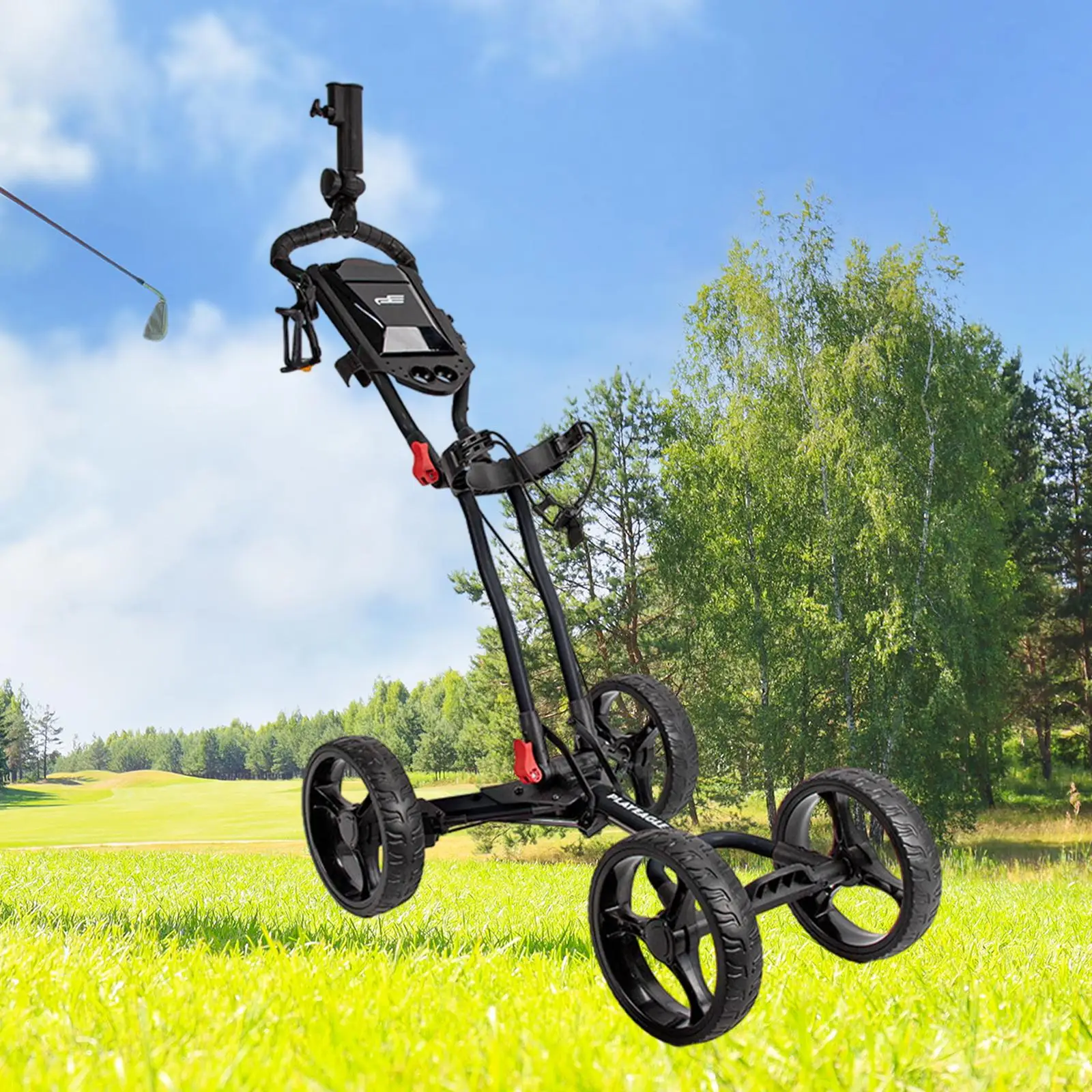 Golf Push Cart, Golf Push Pull Cart, Caddy Cart, Adjustable Umbrella Holder 4 Wheel Folding Compact Lightweight Pushcart