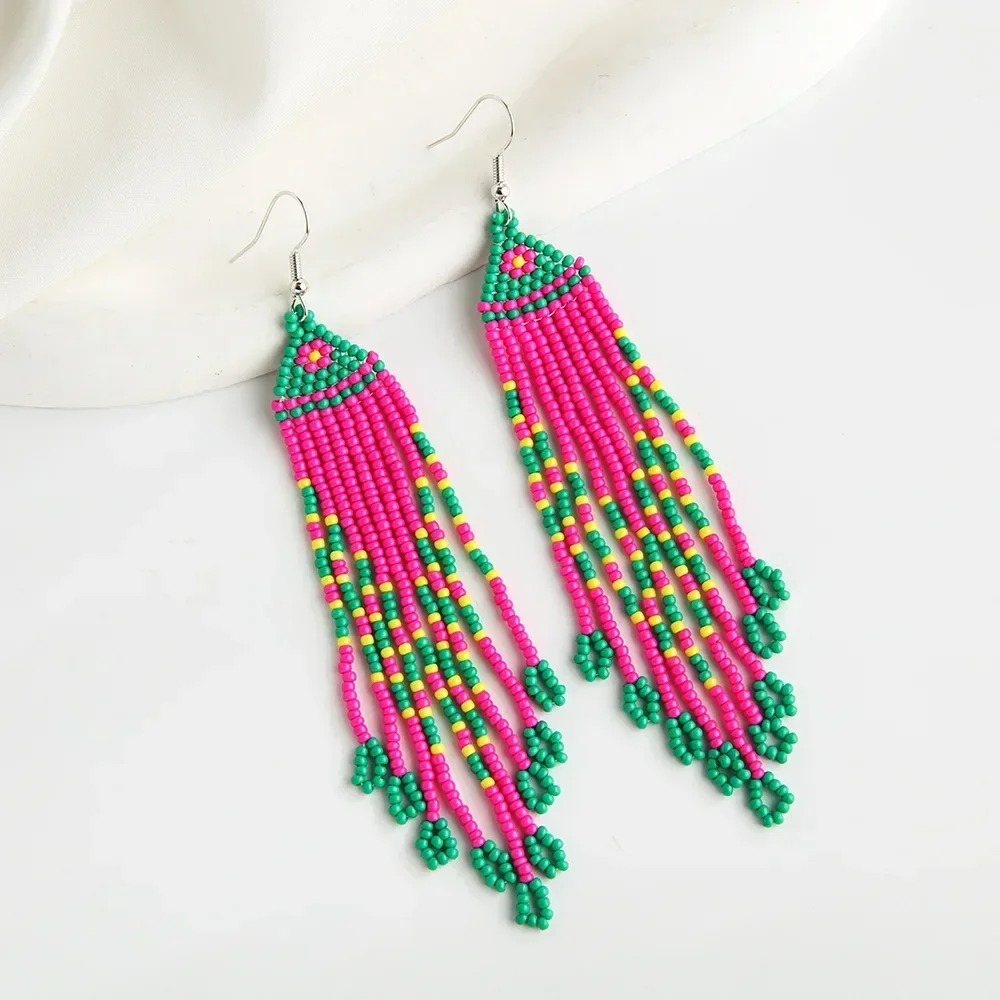 

2025 Original Handmade Beaded Earrings Tassel Originality Gradient Hand Knitting Geometry Bohemia Tide Earring for Women