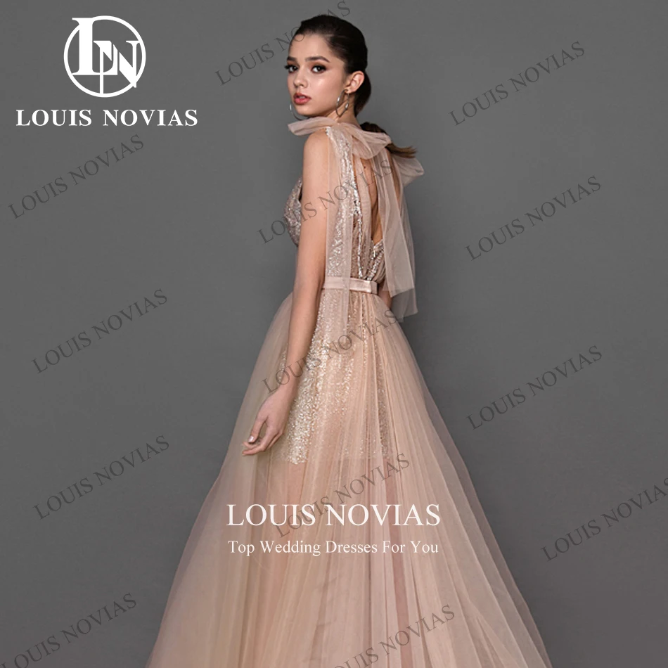LOUIS NOVIAS Sleeveless Evening Dresses Women Illusion Glitter Spaghetti Strap Ribbons Party Dresses Vestidos De Noche