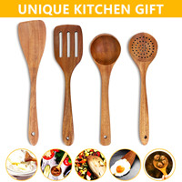 Wooden Tableware,Teak Kitchen Cooking Tableware Set with Stand, Suitable for Non-Stick Cookware,Wooden Shovel Spoon Cooking 5Pcs