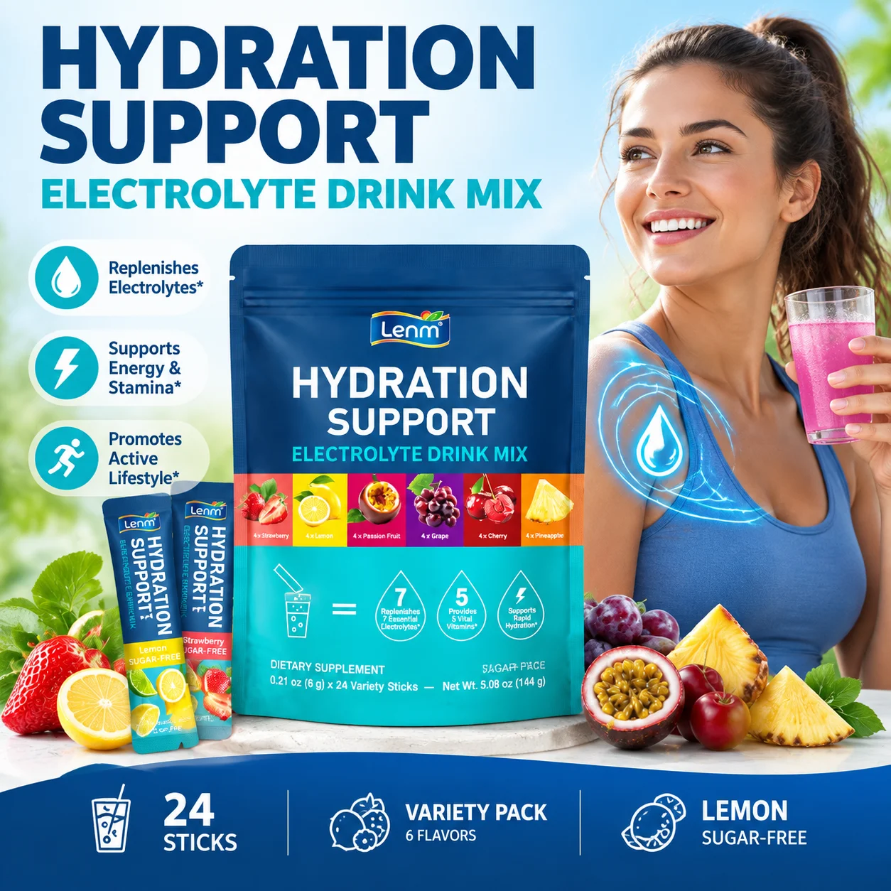 Lenm Hydration Support Electrolyte Drink Mix Powder Supplement Energy Promote Metabolism Anti Fatigue Sugar-free Electrolyte