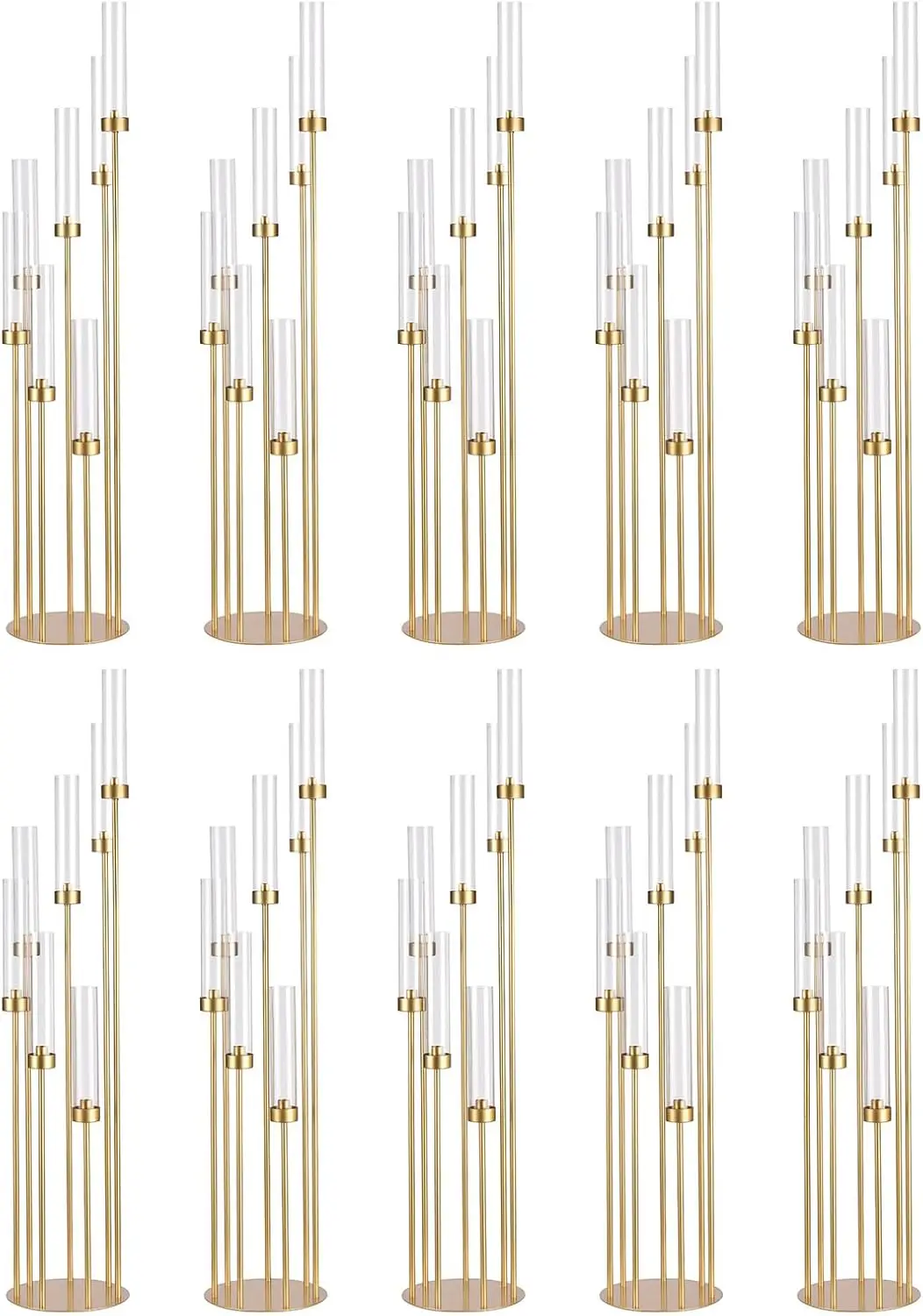 10 Pcs Gold 7 Arm Floor Candelabra Fluted Candle Holder Set with Acrylic Lamp for Wedding Centerpieces Baby Shower Birthday Party Decor