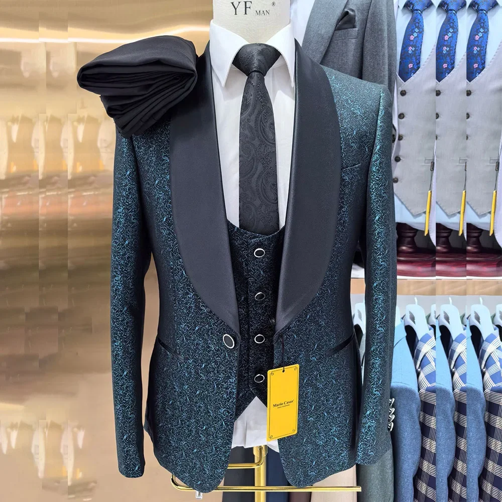 Fashion Men Outfits Sets Formal Special Party Blazer Flat Front 3 Regular Length Shawl Lapel One Button Male Suits Elegant Terno