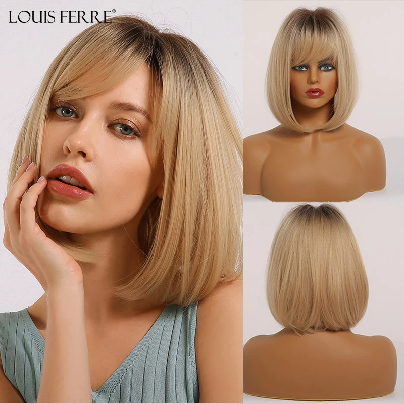 LOUIS FERRE Short Straight Brown Golden Blonde Ombre Synthetic Wigs With Bangs Women Cosplay Lolita Bob Hair Wig Heat Resistant