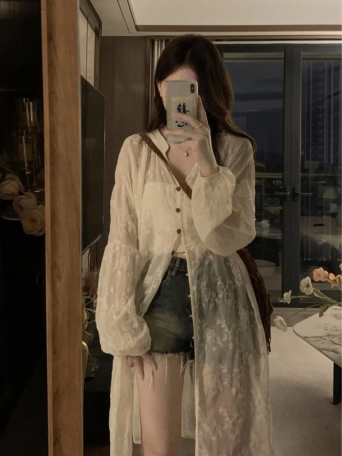 เสื้อคลุมกันแดดผ้าลูกไม้ยาวทรงหลวมสำหรับฤดูร้อน เสื้อคลุมแอร์ผู้หญิง เสื้อคลุมบางเบา