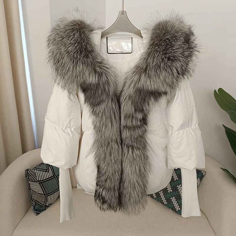 MENINA BONITA New Real Fox Fur Collar Hooded Winter Jacket Women Natural Warm Loose Oversize Duck Down Coat Streetwear Outerwear