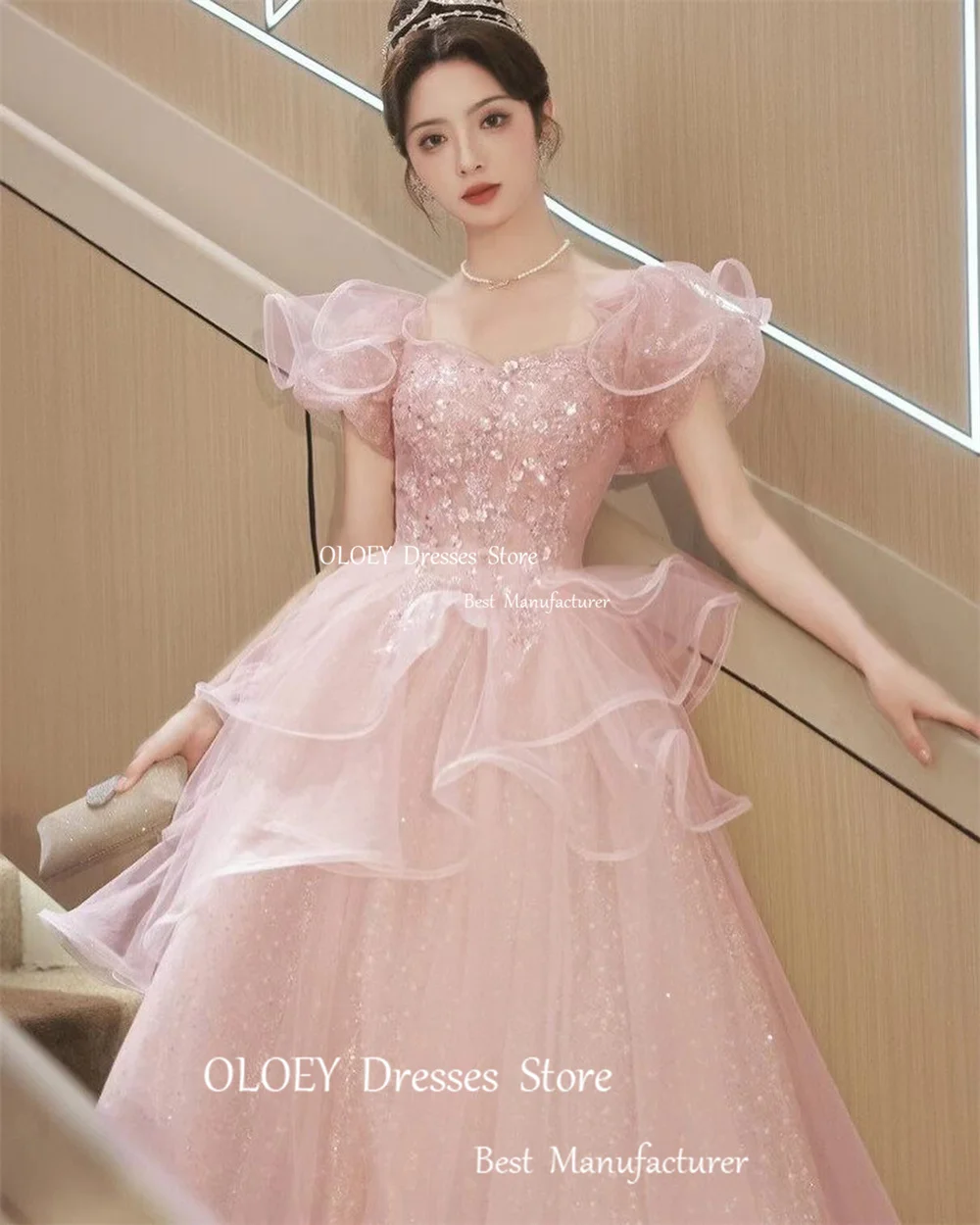 OLOEY Exquisite Pink Sequin Organza A Line Beading Evening Gown Dresses Sweetheart Short Lantern Sleeve Floor Length Prom Gowns