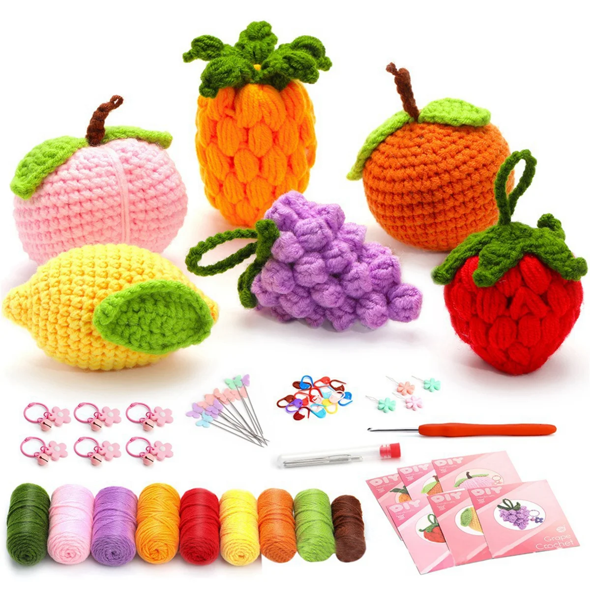 Complete Crochet Kits for Beginners, DIY 6 PCS Fruit Crochet Kit with Knitting Markers Easy Yarn Ball, Instruction