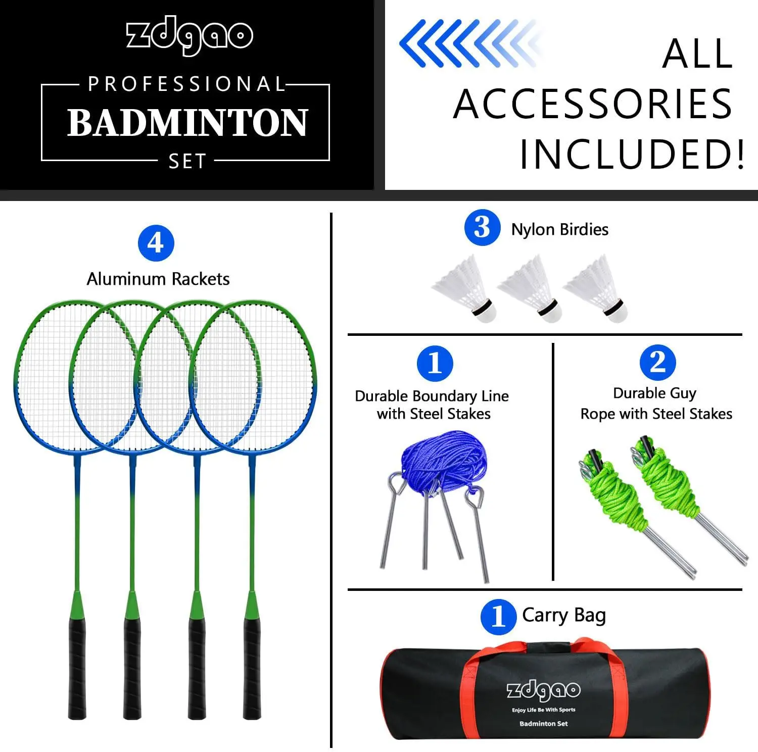 Portable Badminton Set with Adjustable Net, 4 Rackets, Shuttlecocks & Carry Bag for Backyard Family Games