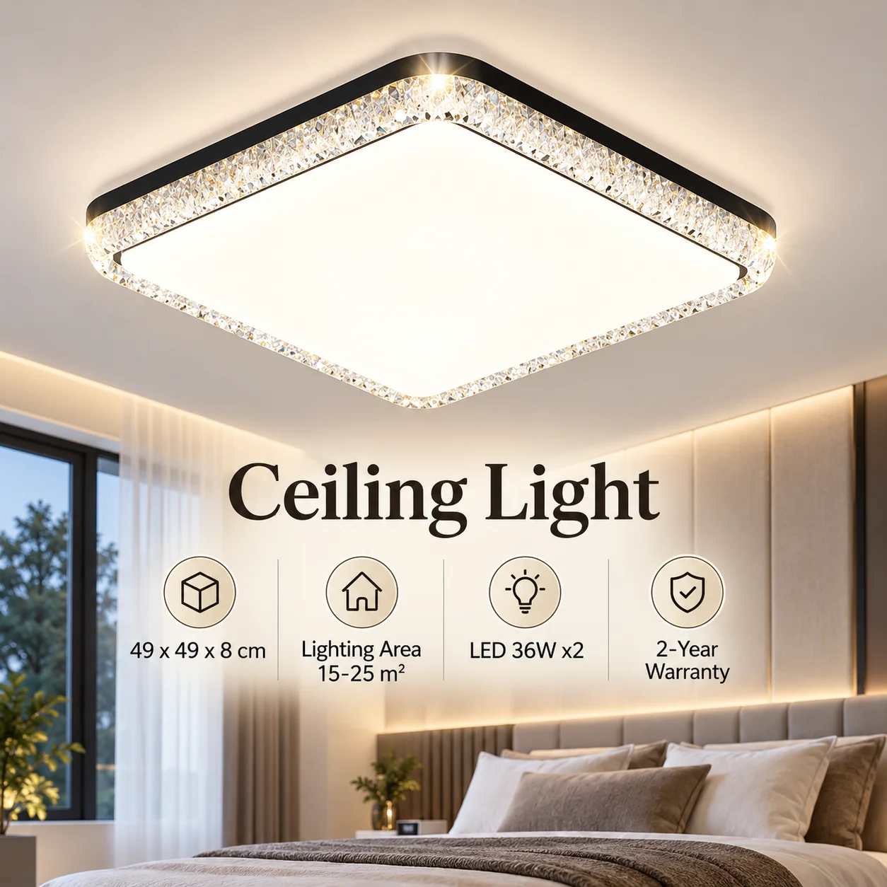 Modern Square Crystal LED Flush Mount Ceiling Light, Dimmable Close to Ceiling Lamp for Living Room Bedroom Home Decor
