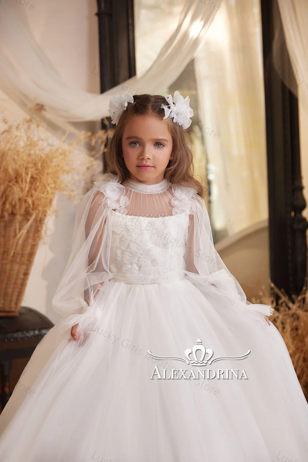 Robes vintage à fleurs blanches pour filles, appliques à manches longues, robes d'anniversaire pour enfants, perles à col haut, robes de première communion pour enfants