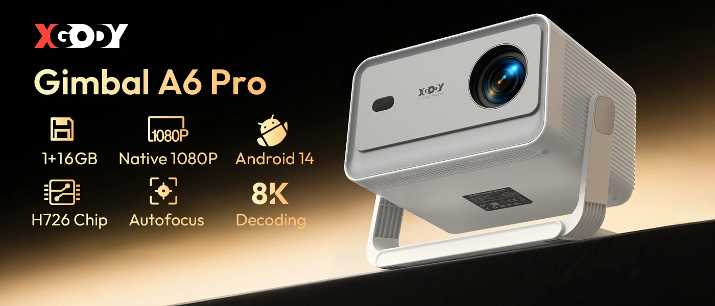 XGODY A6 Pro 650 ANSI Lumens Smart Projector, Native 1080P with 8K Decoding, Android 14, Wi-Fi 6 & Bluetooth 5.2, Auto Focus & Keystone with Auto Screen Alignment, Portable Home Theater Projector for Bedroom & Outdoor Movies