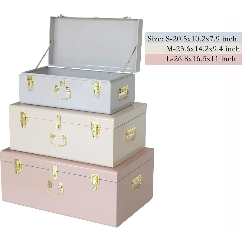 Decorative Box Set of 3 Metal Trunks Chest with Safety Lock Clasp for Treasure Organization and Home Dorm Decor