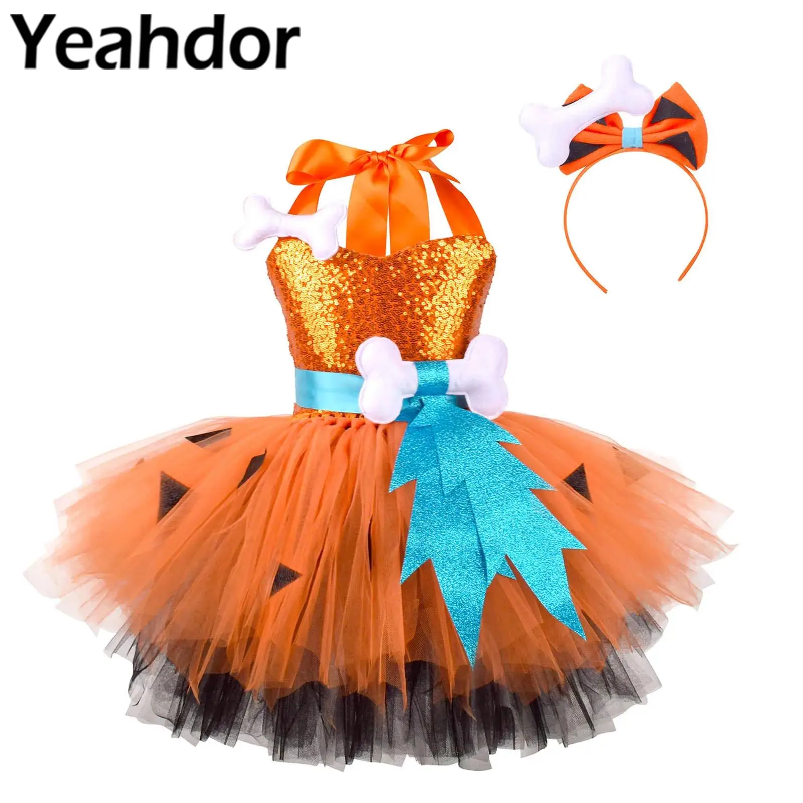 

Детский карнавальный костюм пещеры для девочек, платье для девочек на Хэллоуин, блестки, бретелька на шее, 3D украшение из костей, пышная юбка с комплектами головных уборов