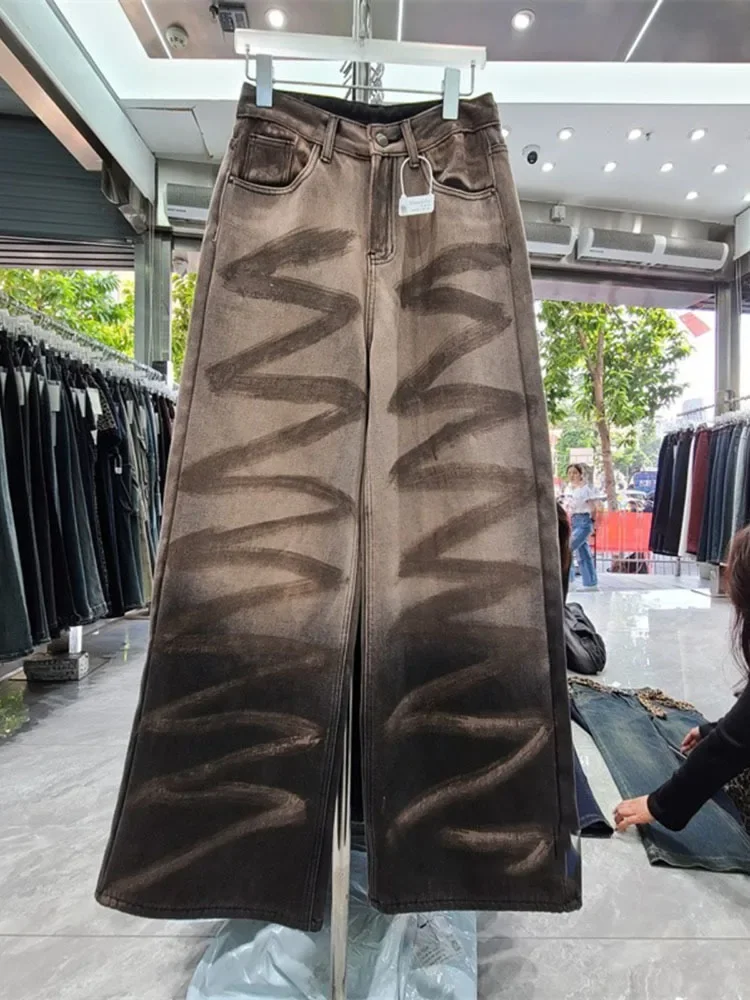 Celana Denim lurus Vintage pinggang tinggi, celana Denim pacar mode jalanan Amerika, celana panjang Denim kaki lebar Hip Hop