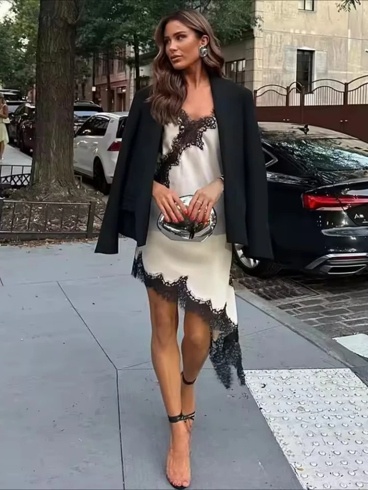 Neue Schwarz Weiß Patchwork Spitze Satin Sexy Kleid Chic Slip Unregelmäßige Aushöhlen Backless Mini Kleid Herbst Frauen Party Kleid Kleid