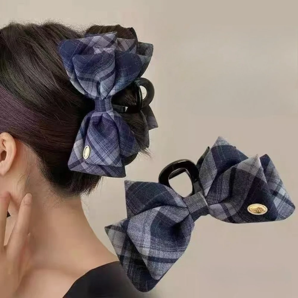 Korean Style College Fashion Plaid Butterfly Knot Hair Clip Stylish Simple Gold Label Shark Hair Clip Back of Head Bun Hair Clip