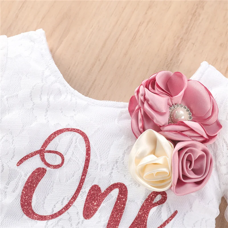 Infant Baby Girl Outfits, Long Sleeve Letter Floral Lace Round Neck Romper Ruffle Briefs Shorts with Removable Brooch, 3-24M