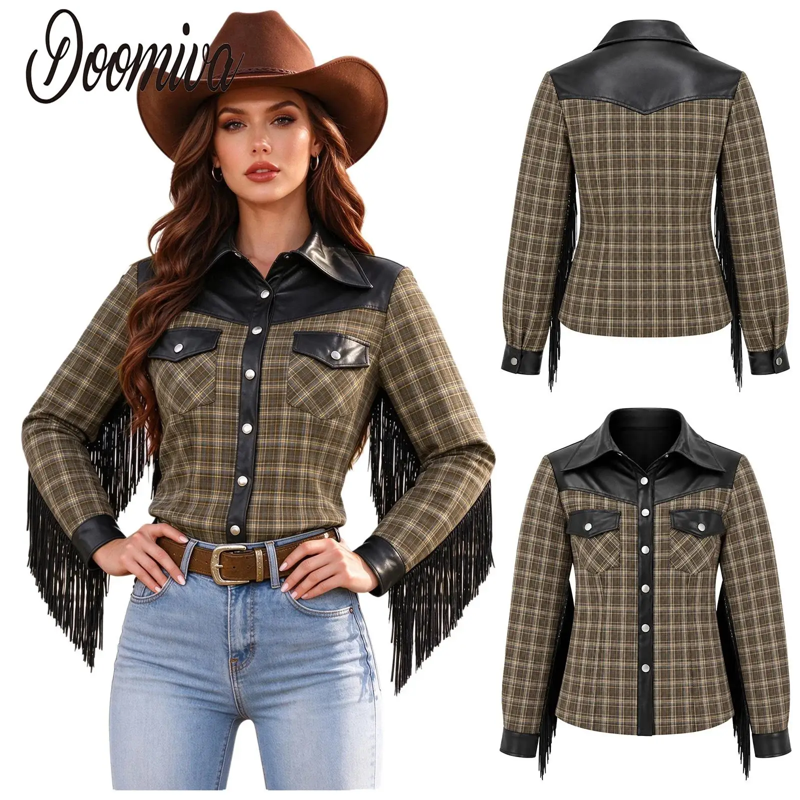 Women Party Fringed Plaid Western Cowgirl Shirts Long Sleeve Faux Leather Patchwork Buttoned Shirts Top for Club Country Concert