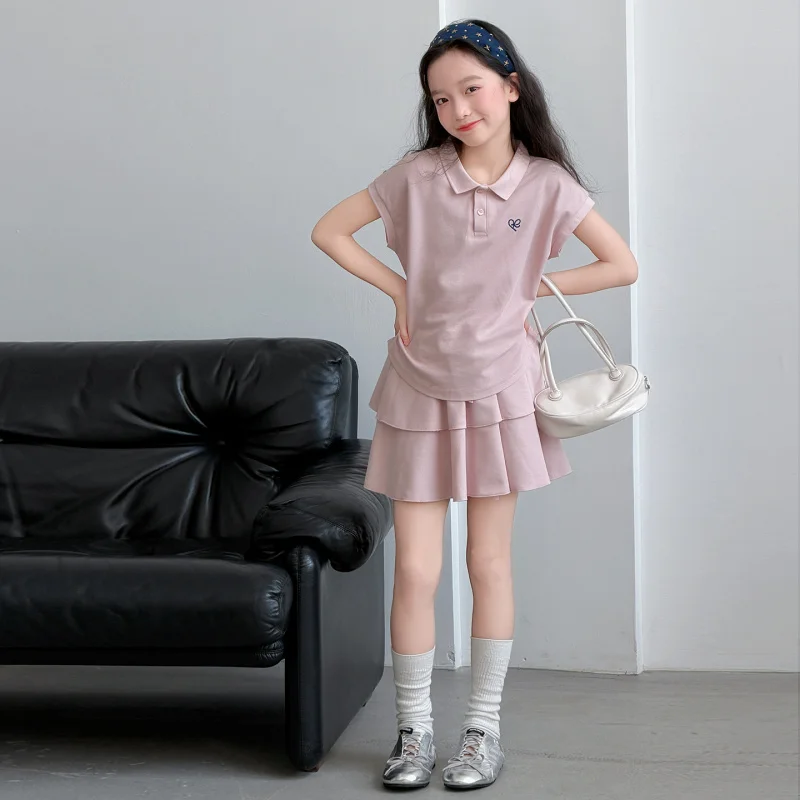 

Girls' Korean StylepoloRuffled shirt and skirt set2026Summer new style sweet casual drawstring short-sleeve for older children