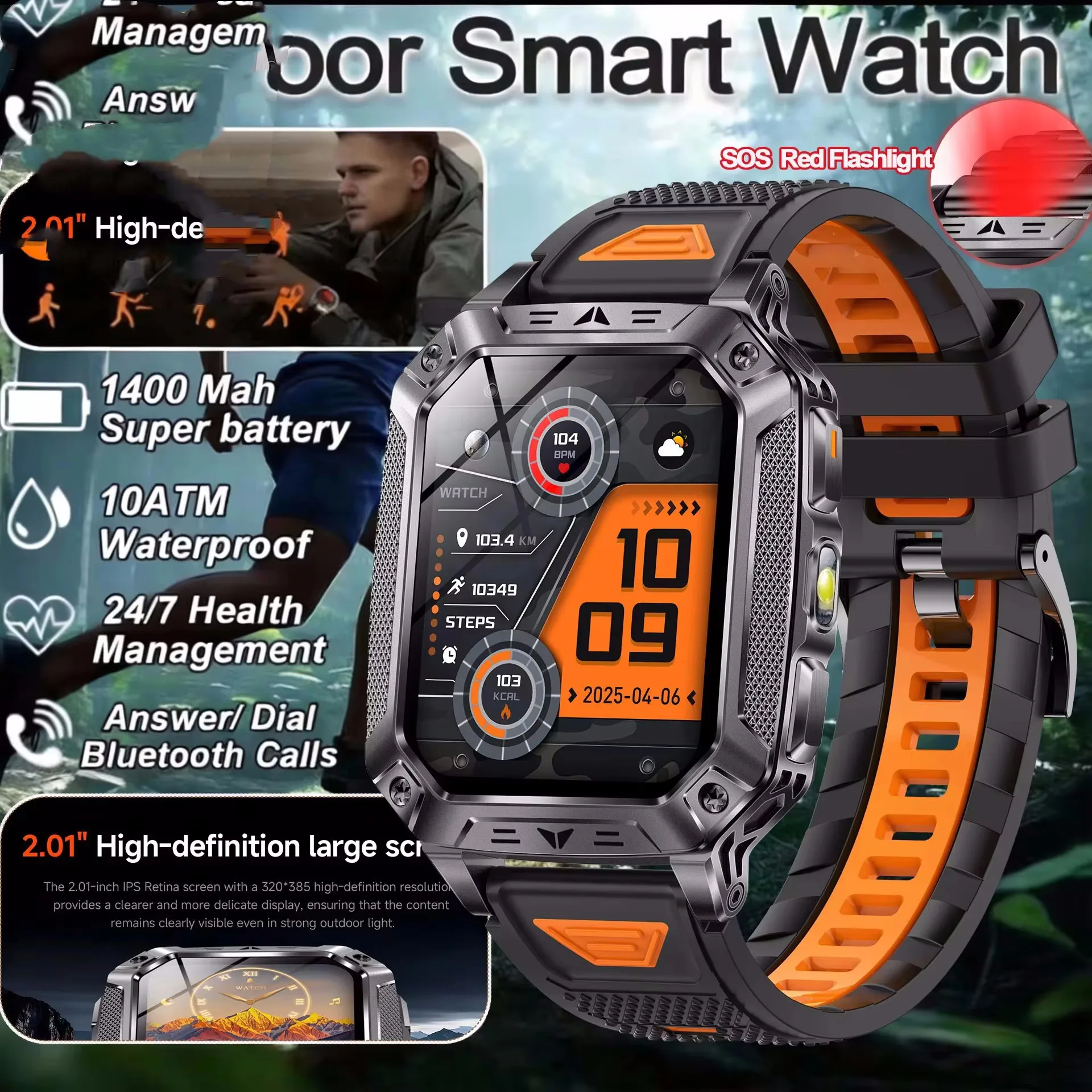 

1400mAh Large Capacity Battery Smart Watch Men Outdoor SOS Flashlight IP68 Sports Fitness Tracker Calling Smartwatch