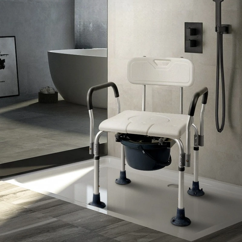 Aluminum Commode Chair for Elderly, Shower Seat with Backrest, Adjustable Toilet Safety Rail, Portable Bedside Potty Stool
