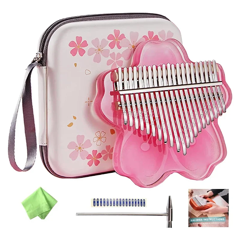 

17 21 Keys Kalimba Set Pink Acrylic Transparent Cherry Blossom Shape Portable Suitable For Beginners With Storage Box