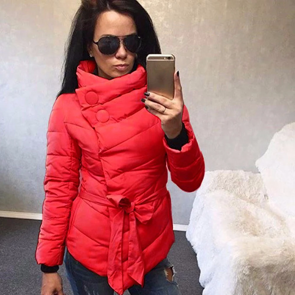 Autumn and Winter Single Breasted Women'S Casual fashion Thin Short Coat High Neck Sashes Button Coats Warm Sashes Jacket