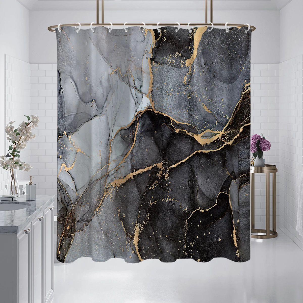 1 piece of 180x180cm black marble pattern digital printing shower curtain partition bathroom waterproof and mold resistant