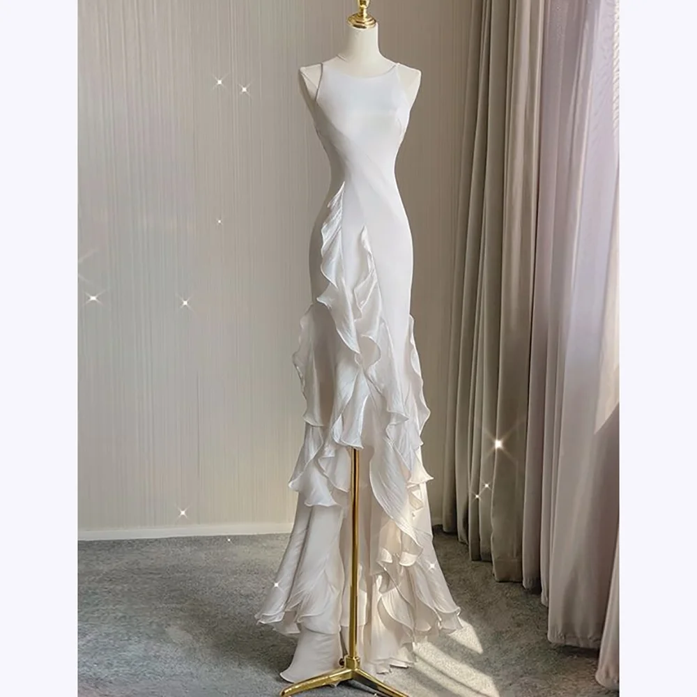 

Classic Ruched Evening Dresses Pleats O Neck Sleeveless High Low Party Gown Elegant Backless Cocktail Dress Floor Length