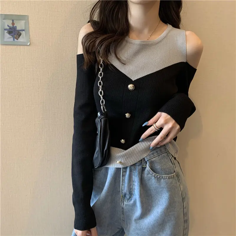 Heart Machine Off Shoulder Long Sleeved Knitted Sweater for Women New Sexy Slim Fit and Slimming Patchwork Fake Two-piece Top