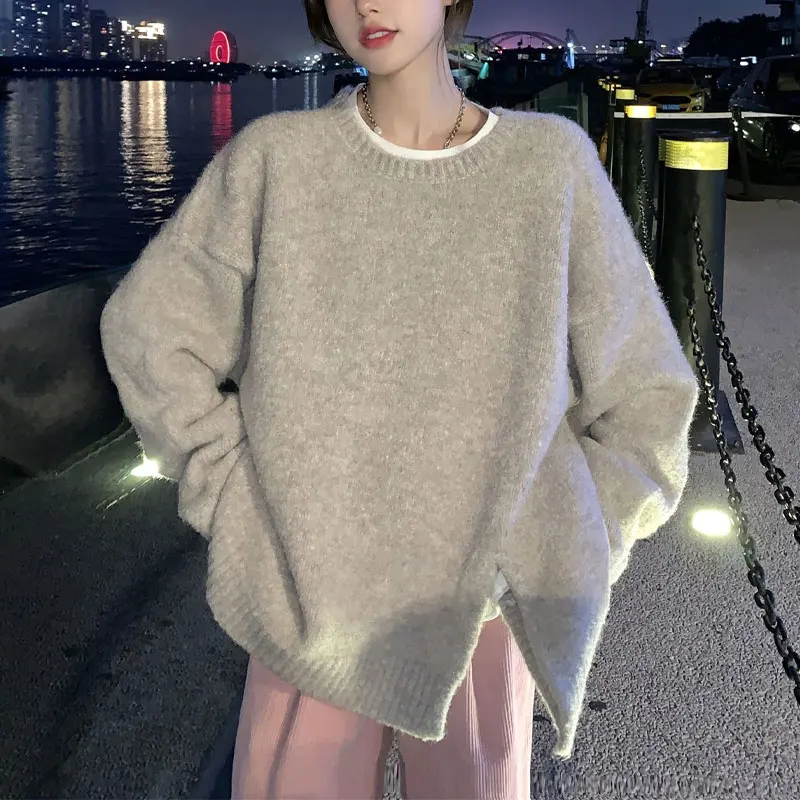 Casual Solid Color Knitted Jumpers Women's Clothing O-Neck Autumn Winter Long Sleeve Commute Korean Loose Stylish Split Sweaters