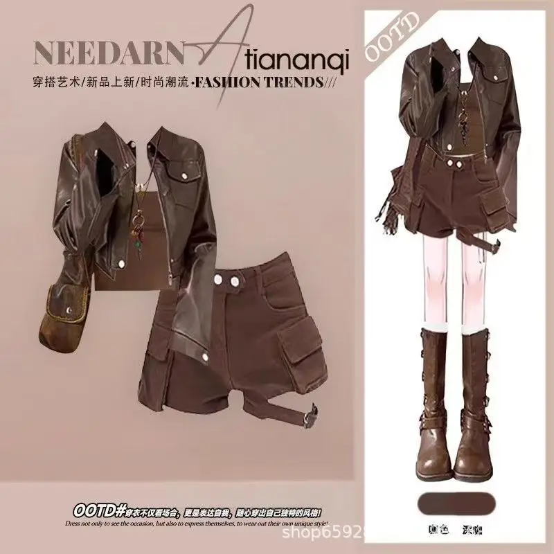 

Spring and Autumn New Korean Melad Leather Jacket Tank Top and Shorts 3-Piece Set