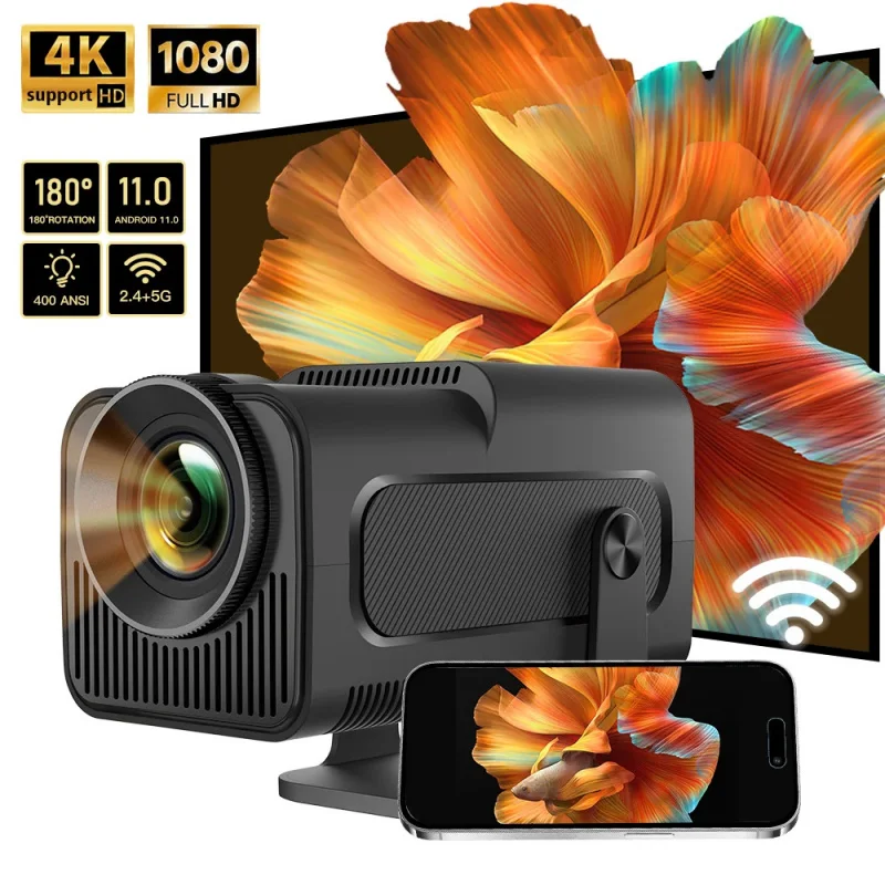 

Портативный проектор HY320 Mini 4K Android 11, 720p, 400ANSI, двойной Wi-Fi, bt5.0, домашний кинотеатр, поворот на 180 °, коррекция трапецеидальных искажений