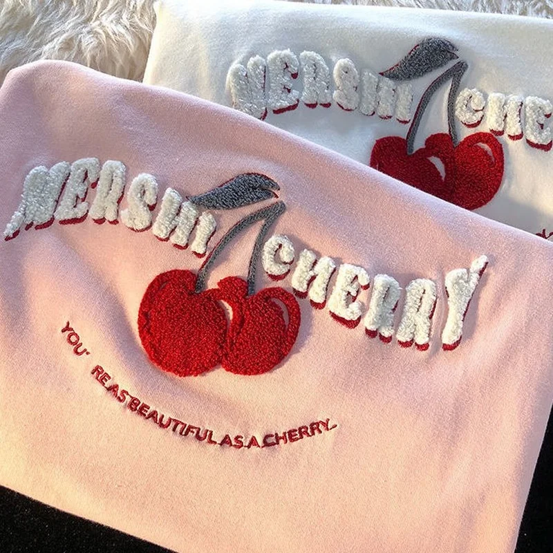 Sweet Girl High Street Flock Cherry Embroidery T Shirts Pure Cotton 2022 Summer Large 3XL Harajuku Oversized Teens Y2k Aesthetic