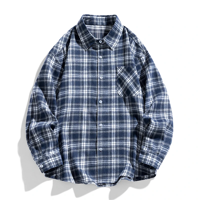 

Dark Blue Men's Long-sleeve Plaid Shirt, Cotton Shirts with A Spread Collar and Single-breasted Buttons, Sizes S–XXL.