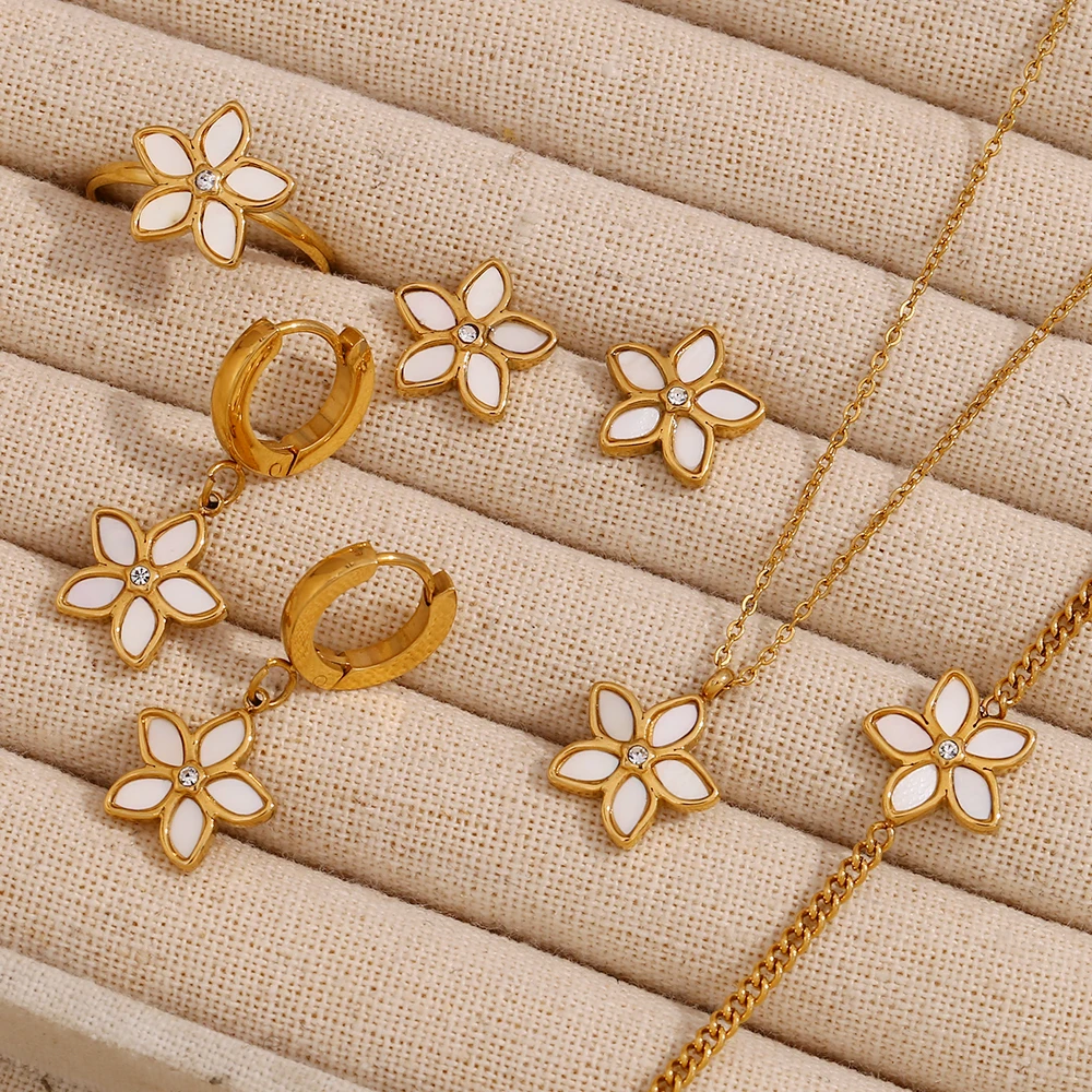 E.B.belle Fresh Style Stainless Steel Exquisite White Shell Flower Jewelry Set 18K Gold Plated Earrings Necklace Women Jewelry